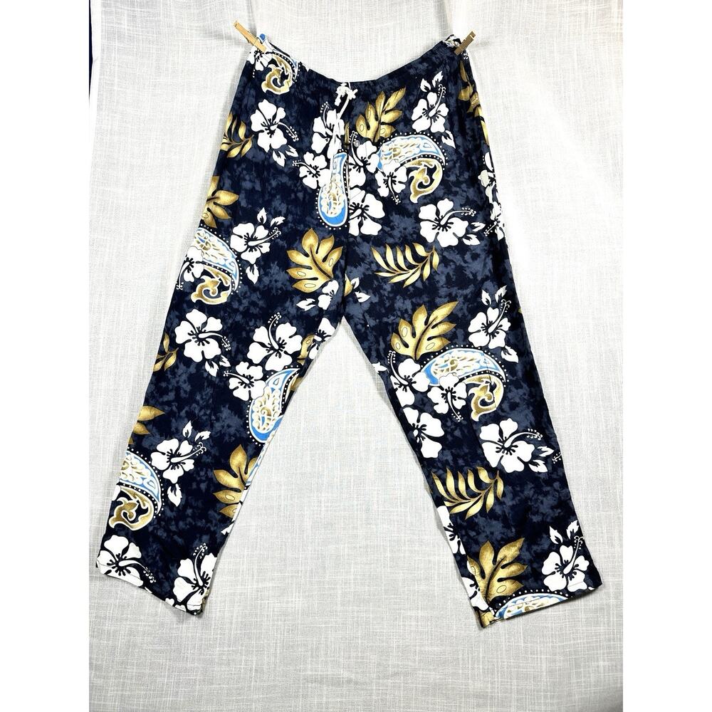 Vintage Paradise Gold Sz XL Rayon Blue Floral Drawstring Pants Hawaiian